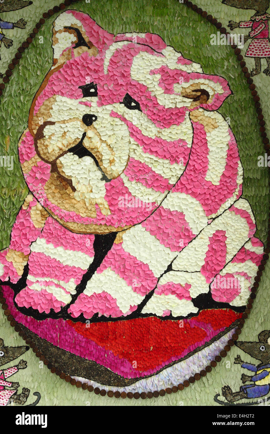 Detail from well dressing of children's television character, Bagpuss in Bakewell, Peak District, Derbyshire, England Stock Photo