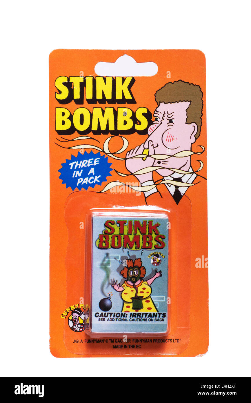 A packet of 3 stink bombs on a white background Stock Photo