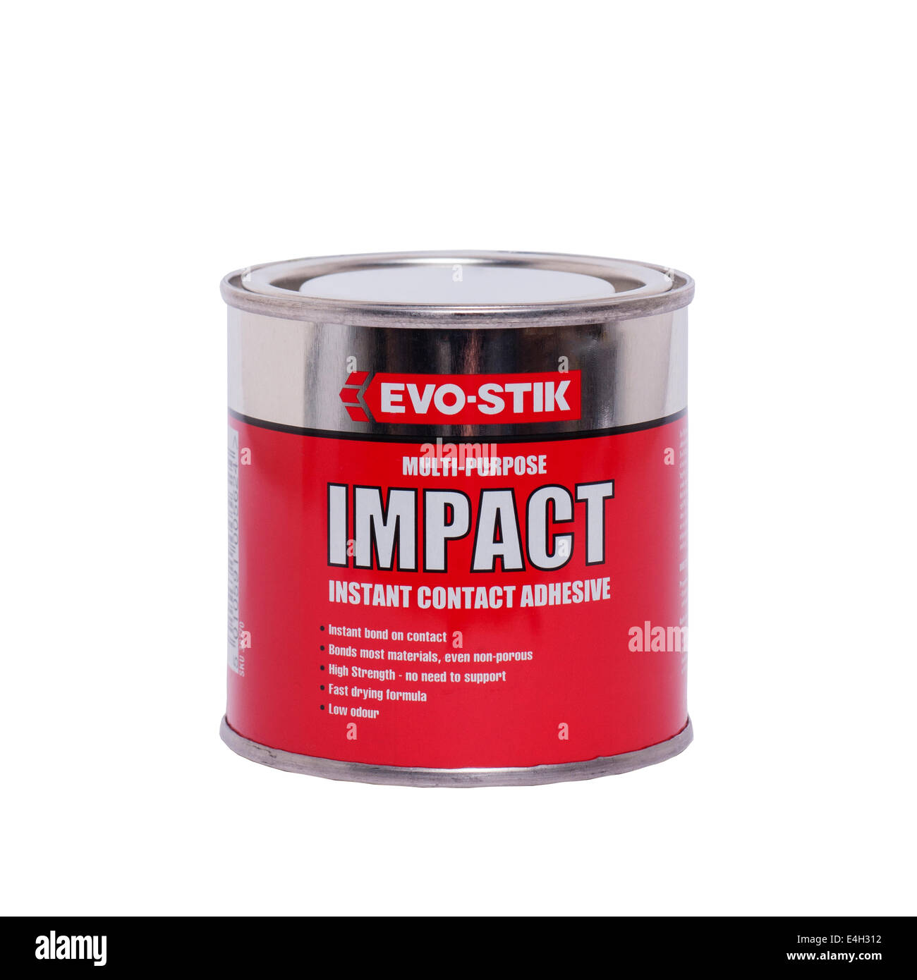 A tin of Evo-Stik multi-purpose impact instant contact adhesive glue on a white background Stock Photo