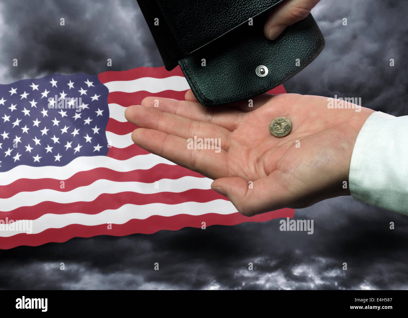 Hand with purse and dollar coin before U.S. American flag as a symbol of the threat of national bankruptcy of the country. Digital composite (DC) Stock Photo