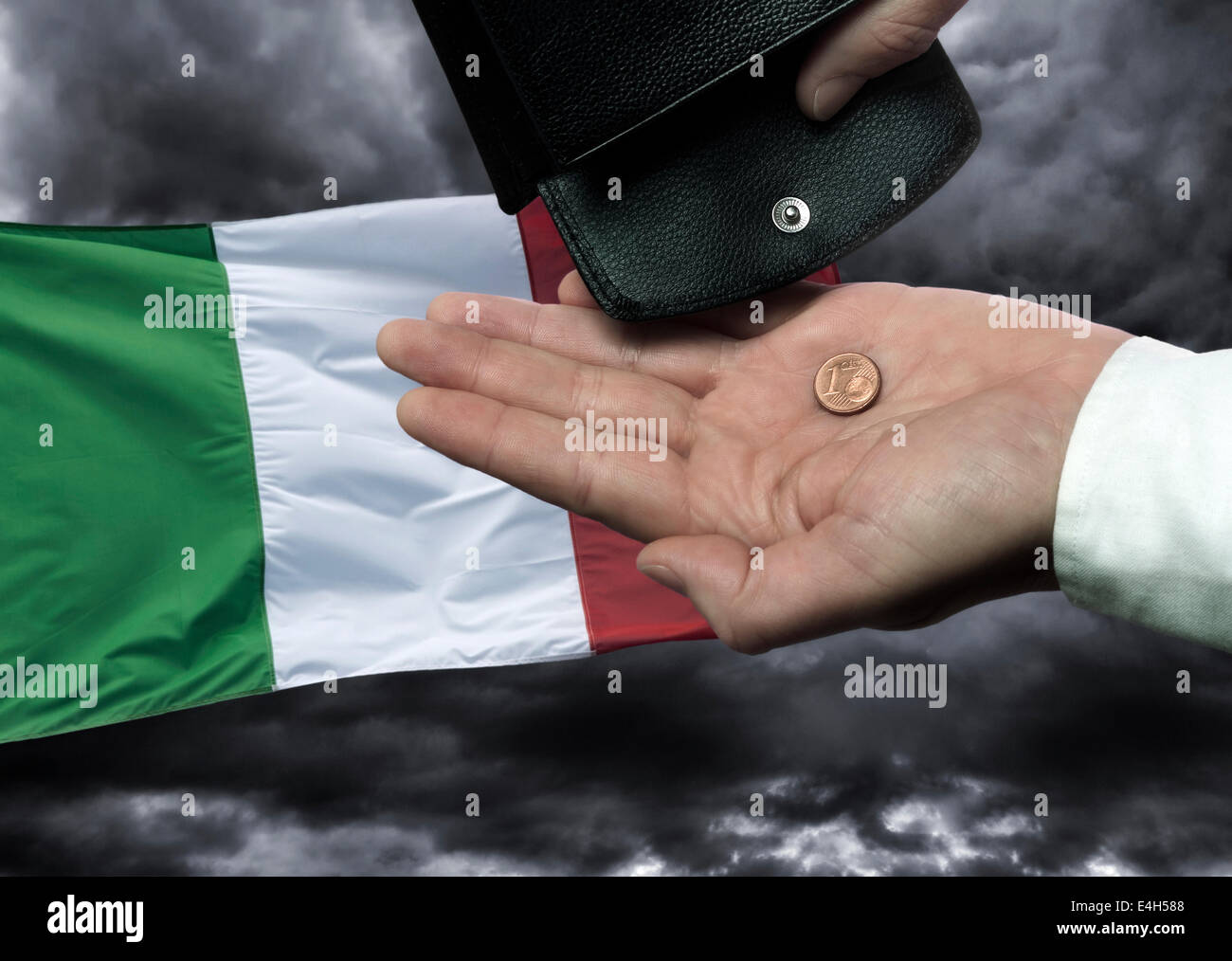 Hand with purse and Cent coin in front of the spanish flag as a symbol for the threat of national bankruptcy of this country. Digital Composite (DC) Stock Photo
