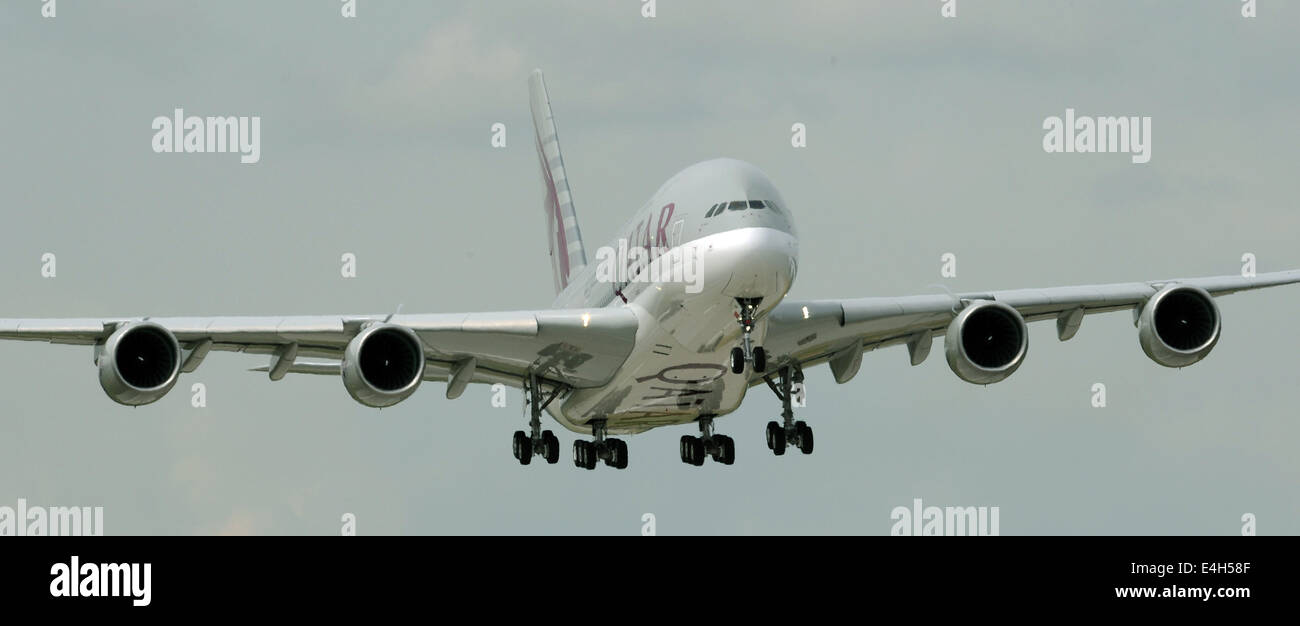 Test flight of an Airbus A380 in Hamburg on 4 July 2014. The plane will be delivered to Qatar. Stock Photo