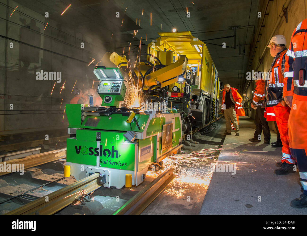 Welding machine of Vossloh Rail Services welding newly laid railroad
