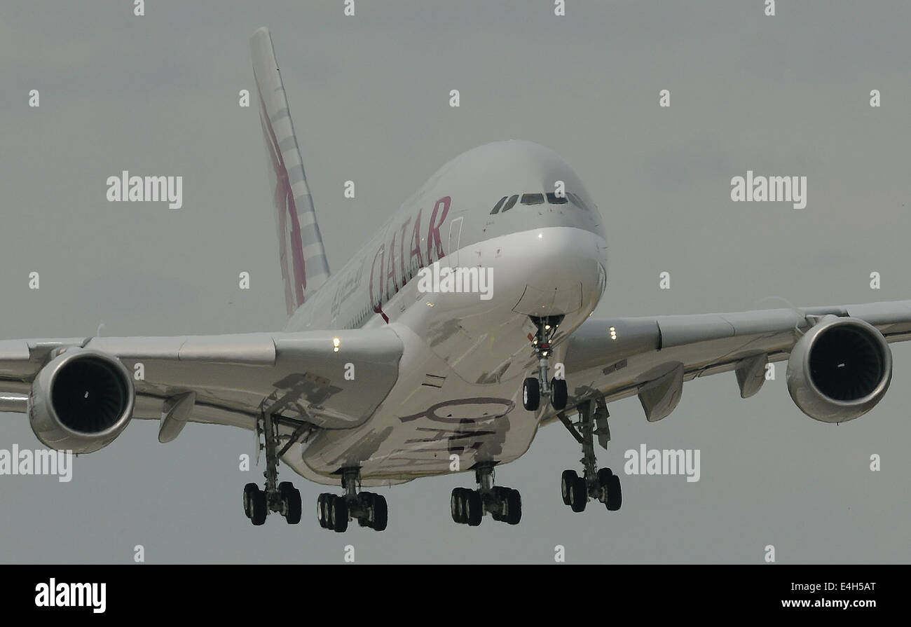 Test flight of an Airbus A380 in Hamburg on 4 July 2014. The plane will be delivered to Qatar. Stock Photo