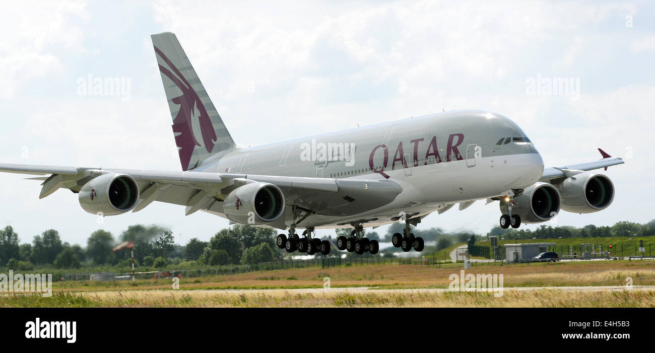 Test flight of an Airbus A380 in Hamburg on 4 July 2014. The plane will be delivered to Qatar. Stock Photo