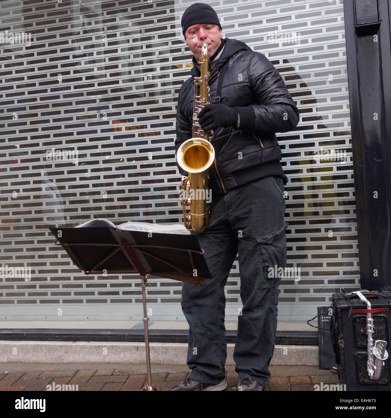 Scenes from Altrincham Market: The saxophonist Stock Photo