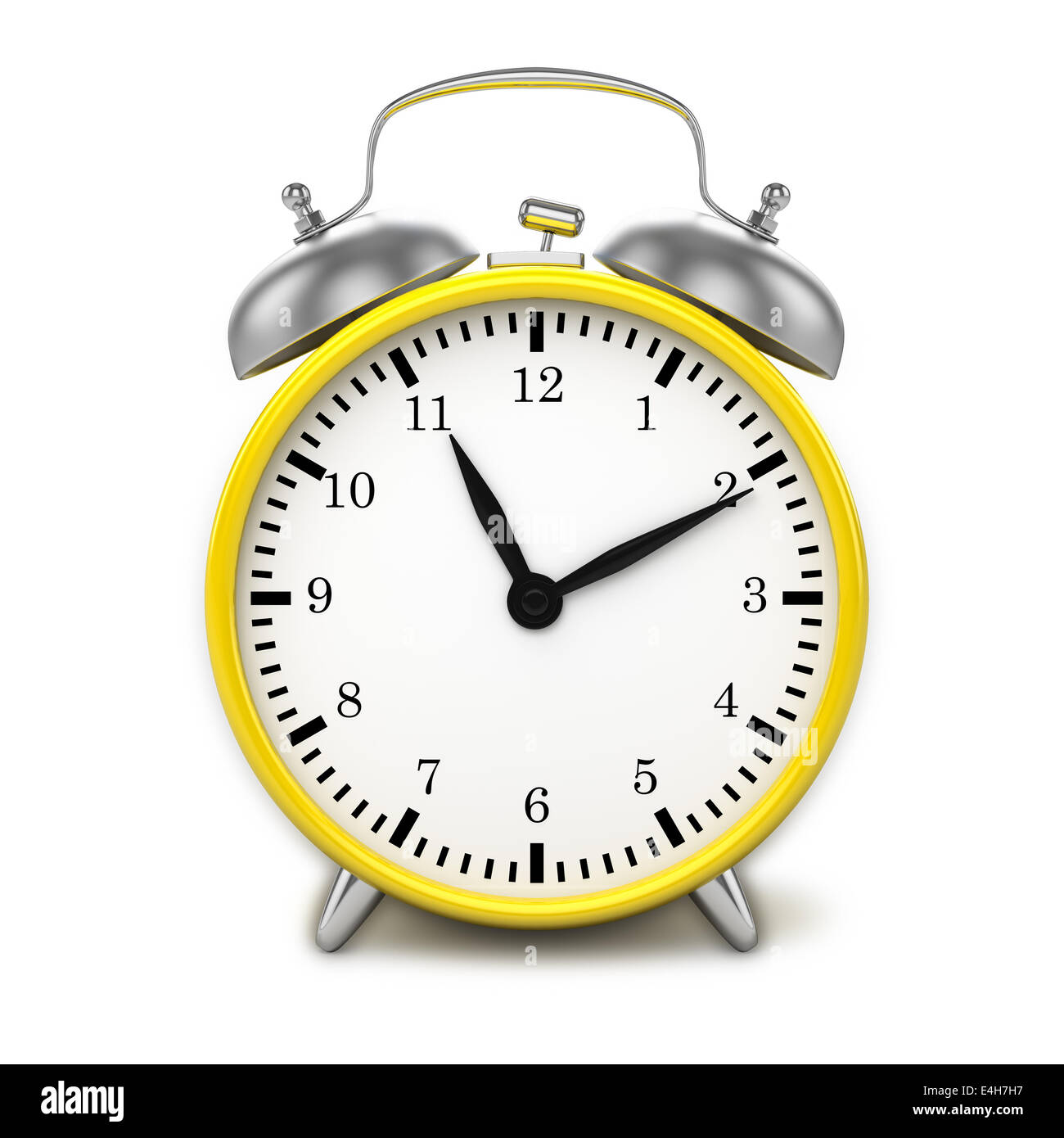 Yellow retro styled classic alarm clock isolated on white Stock Photo