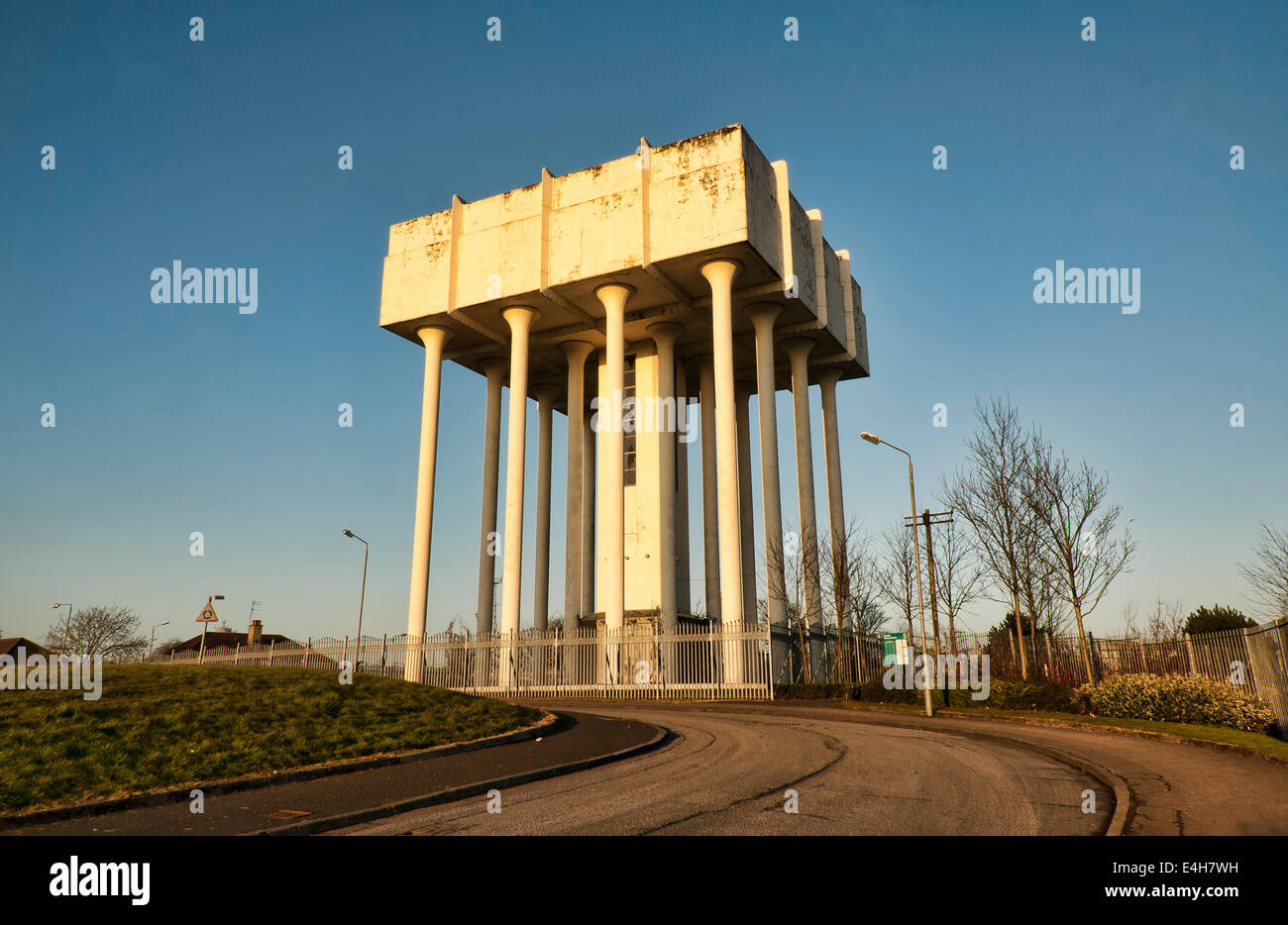 Cranhill Waer Tower Glasgow with its unique square concrete storage tank. Stock Photo
