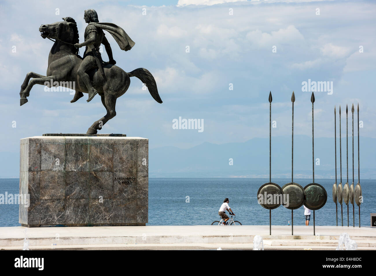 Statue of Alexander the Great and his horse Bucephalus, during a sunny morning, in the city of Thessaloniki, Greece. Stock Photo