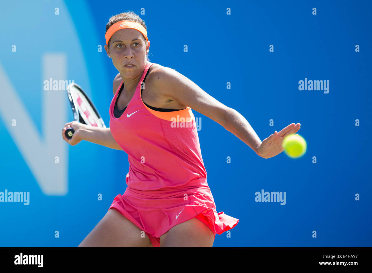 AEGON International 2014 - Women's singles semi finals. Madison Keys of USA in action playing single handed forehand Stock Photo