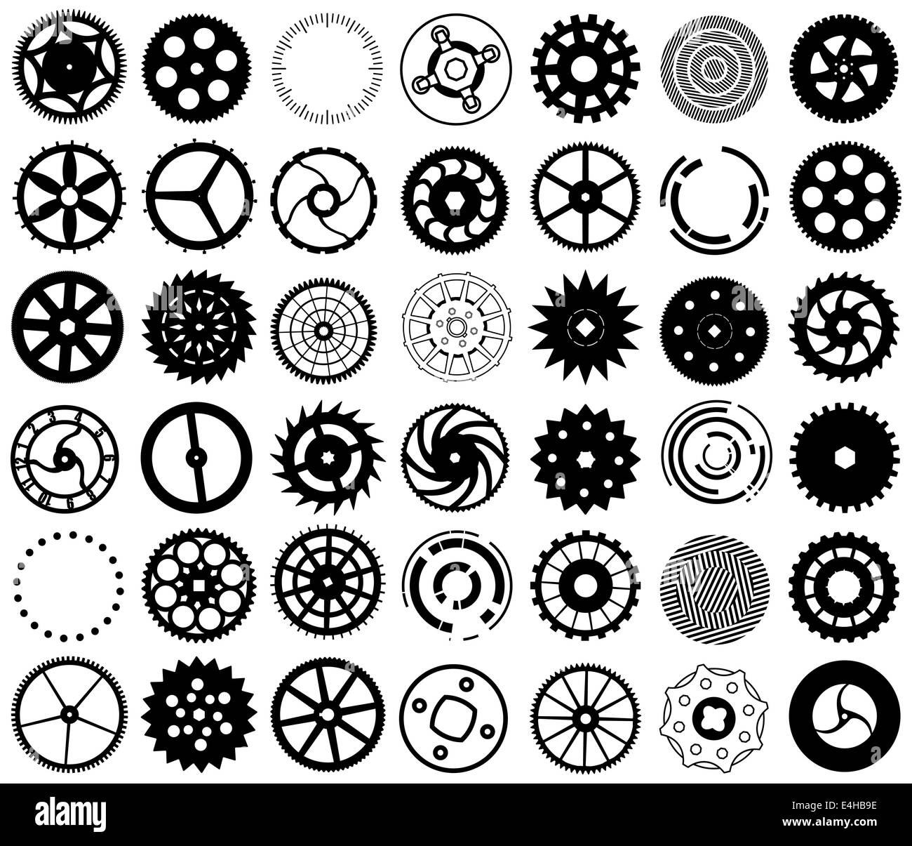 Set of black silhouettes of gears and other round objects Stock Photo
