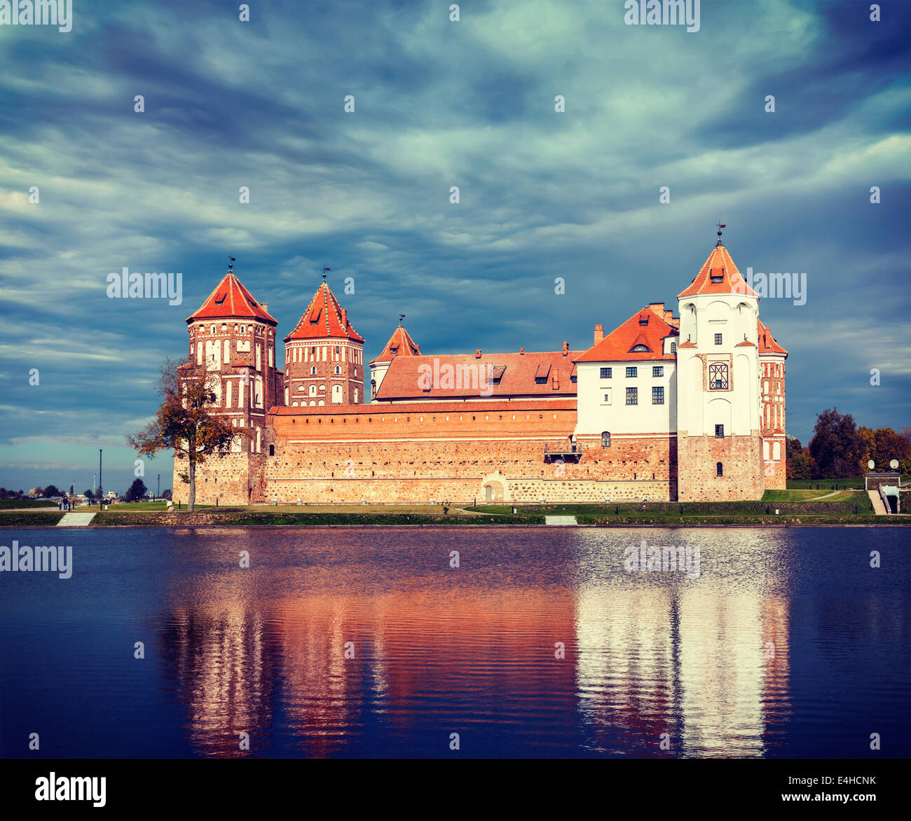 Vintage retro effect filtered hipster style travel image of medieval Mir castle famous landmark in town Mir, Belarus Stock Photo
