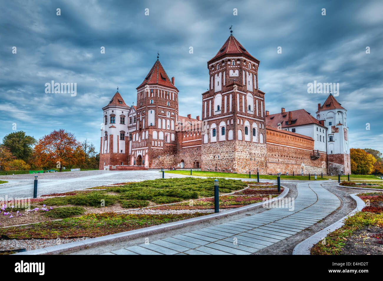 High dynamic range (hdr) image of medieval Mir castle famous landmark in town Mir, Belarus Stock Photo