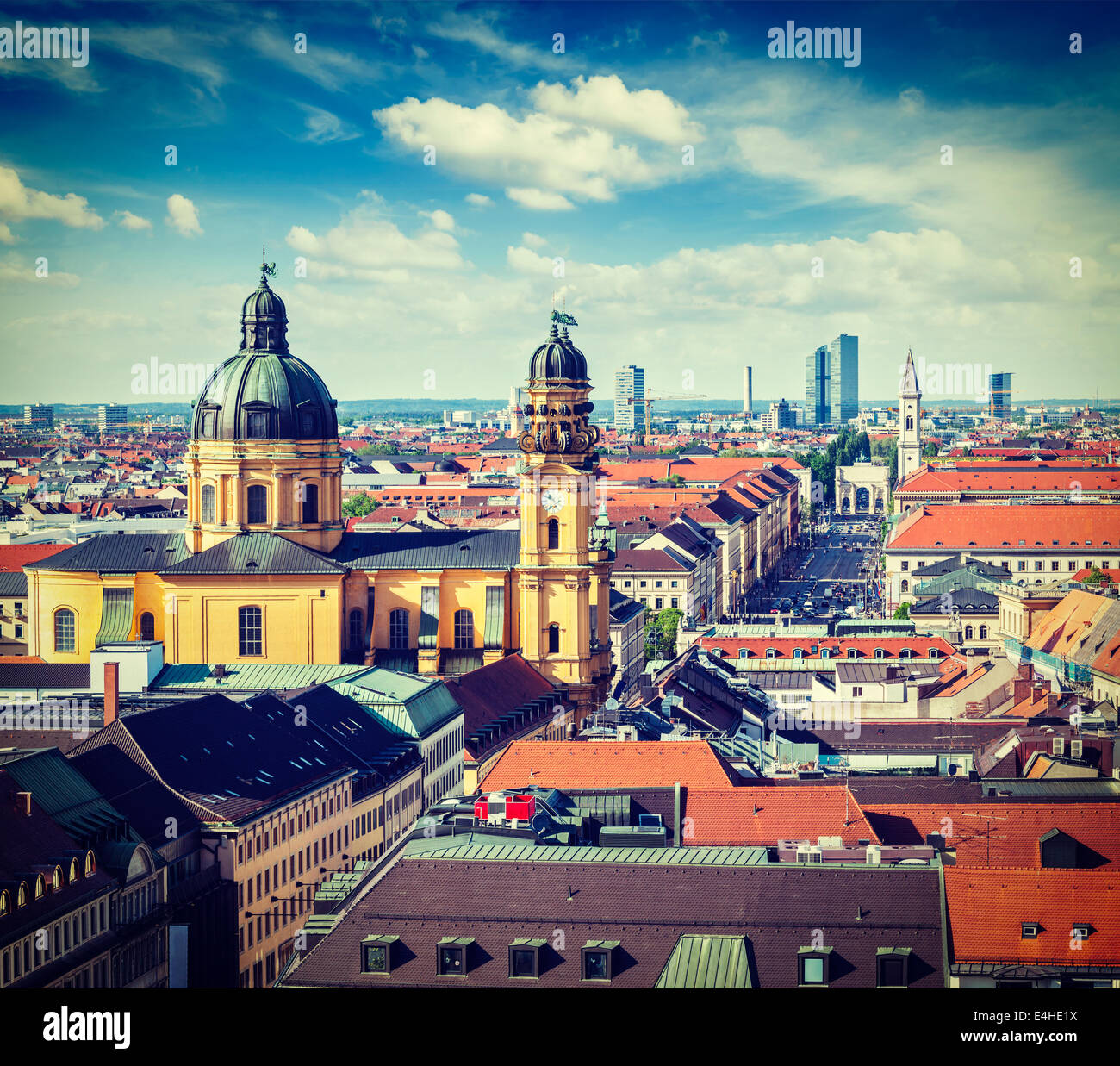 Vintage retro effect filtered hipster style travel image of aerial view of Munich over Theatine Church of St. Cajetan Stock Photo