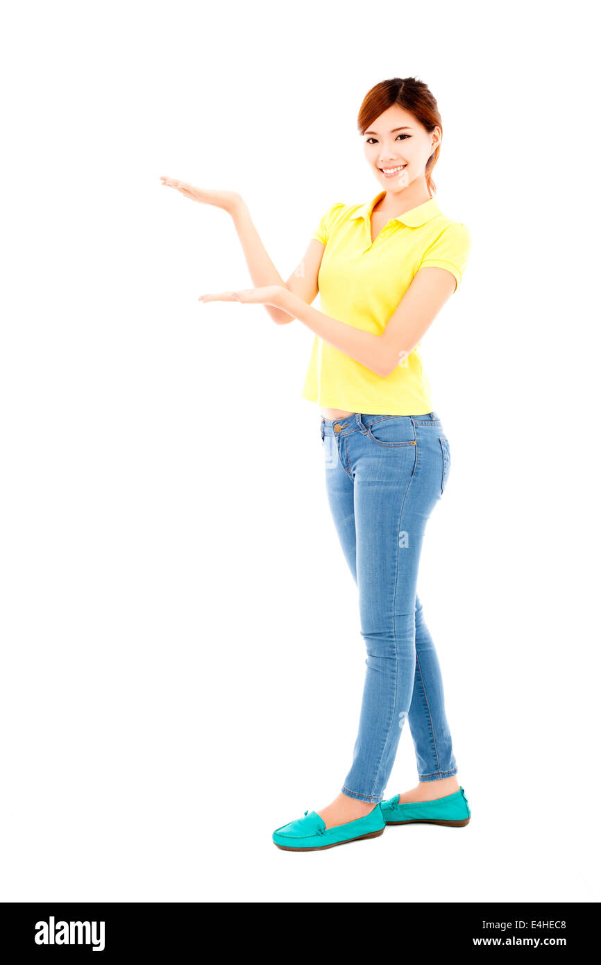 young girl raise her hand to show  something out Stock Photo