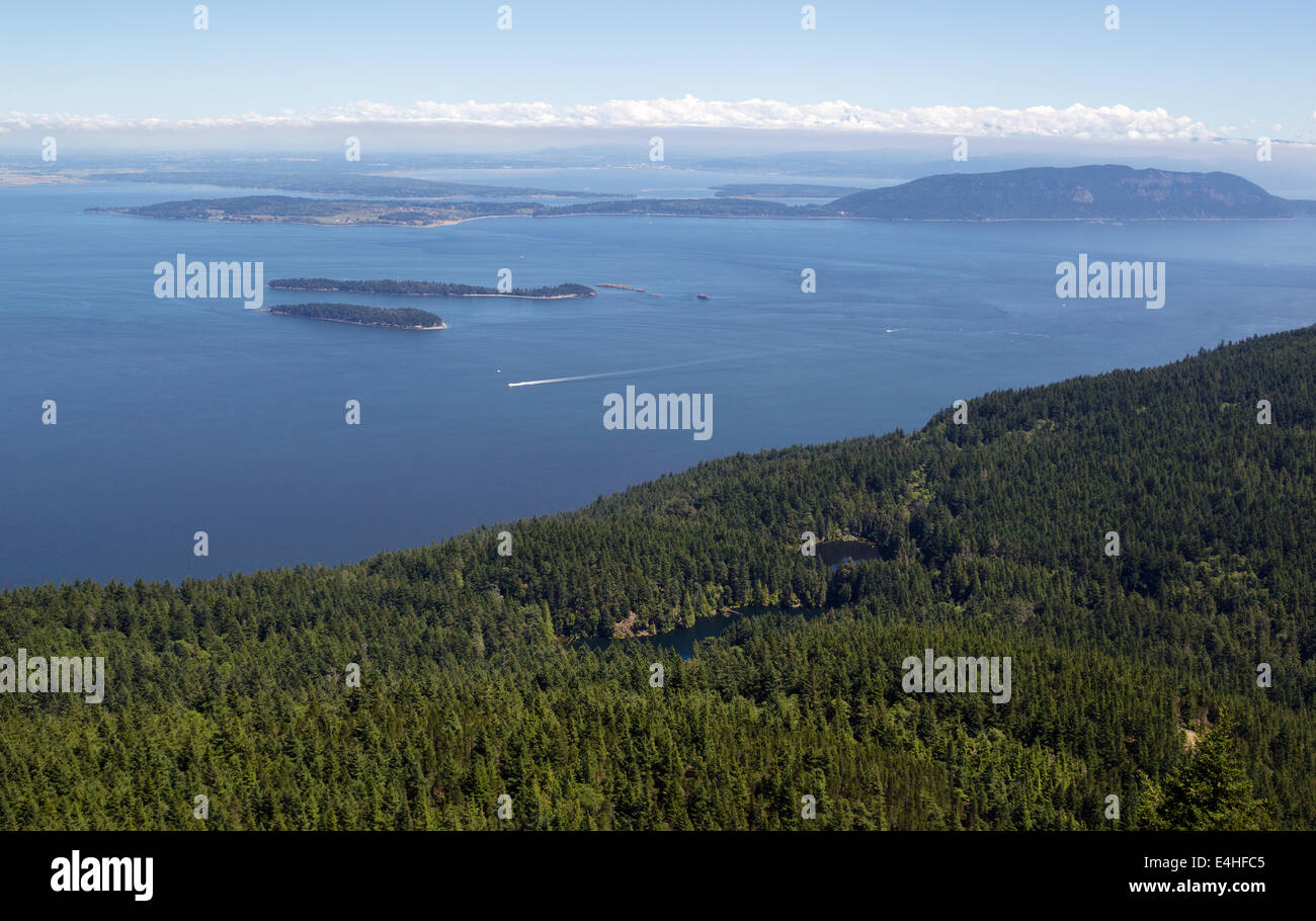Horizontal photo of San Juan Islands and twin lakes, taken from top of Mount Constitution, during summertime on a nice day Stock Photo