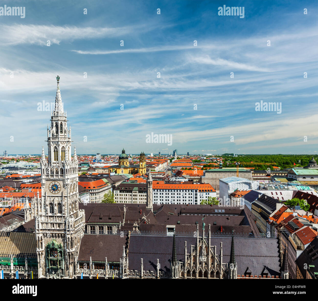 View of Munich: Marienplatz, Neues Rathaus and Frauenkirche from St. Peter's church. Munich, Germany Stock Photo