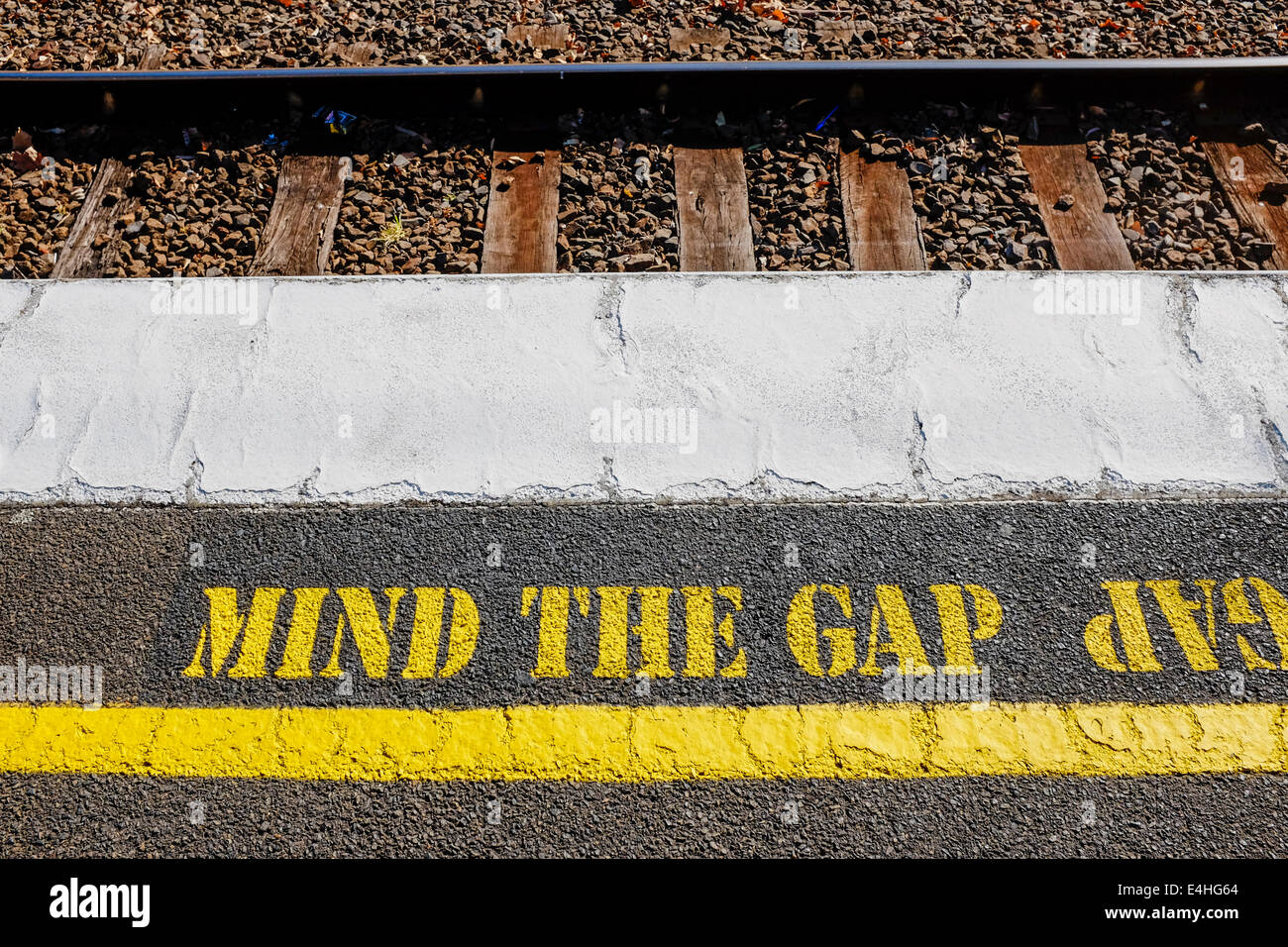 Mind the Gap warning notice on Melbourne suburban railway platform Stock Photo