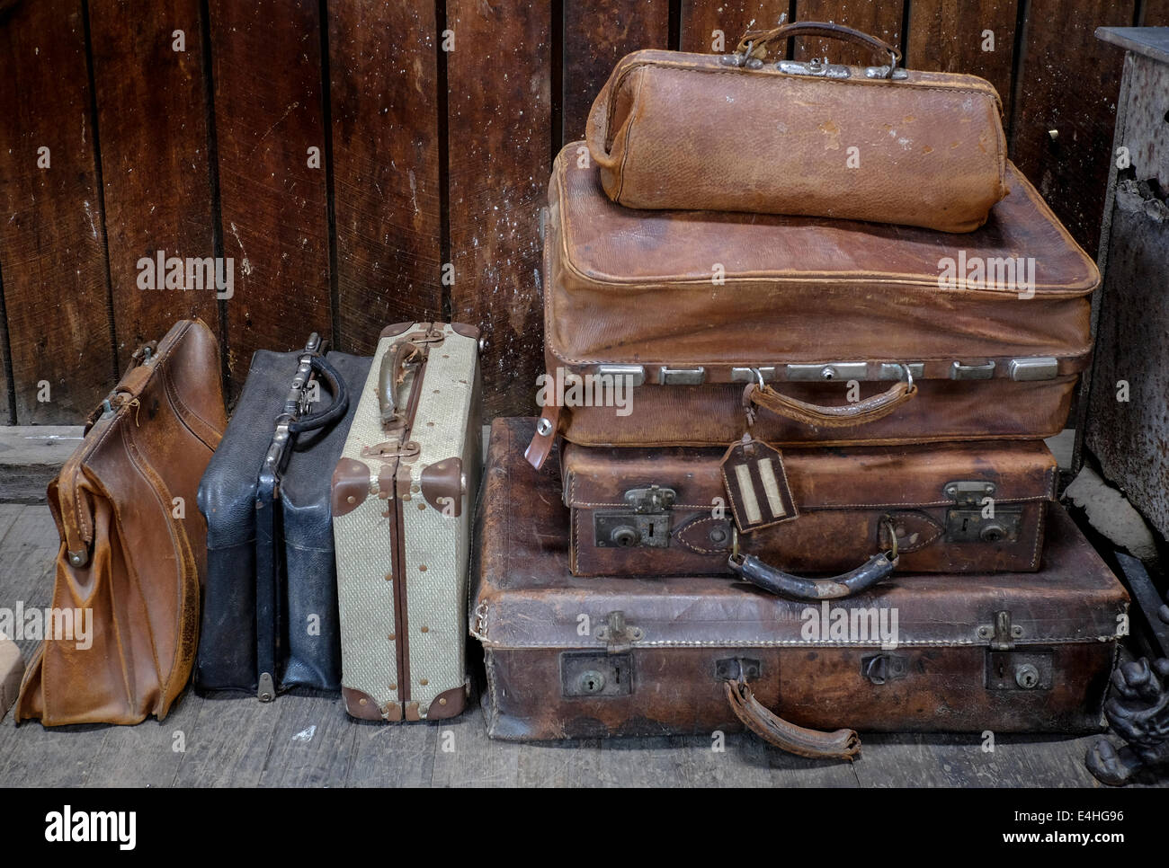 A display of old suitcases and bags Stock Photo