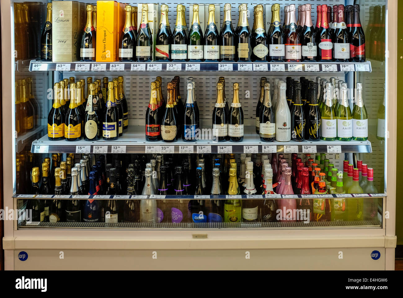 Chilled sparkling wines and champagnes in a liquor store in Melbourne Australia Stock Photo