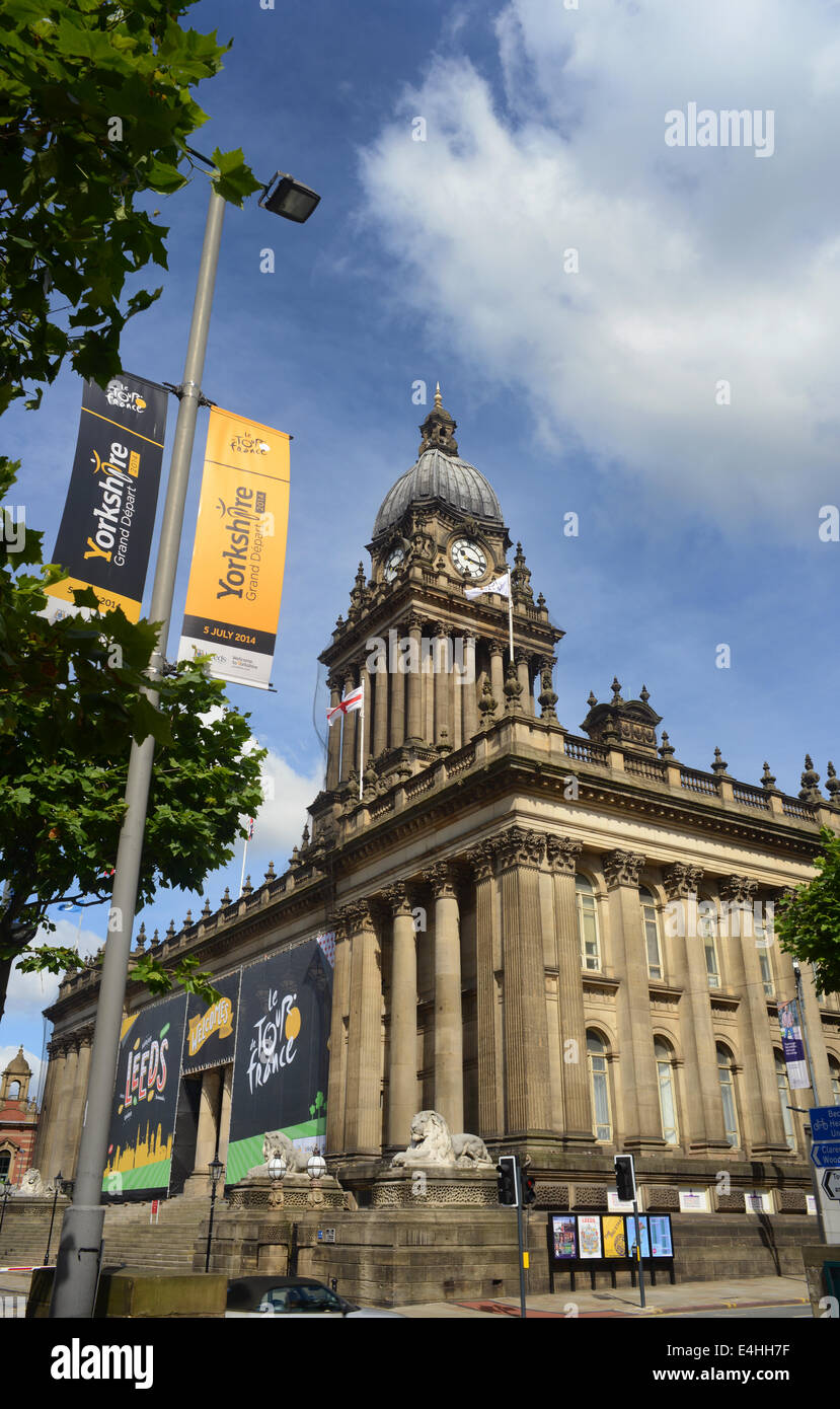 banners advertising start of the tour de france by leeds town hall