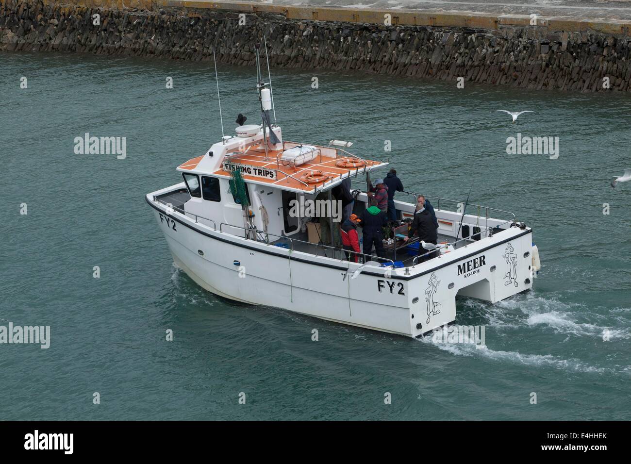 The Meer-Kat fishing boat which run trips for fisher men around the coast at Looe,Cornwall Stock Photo