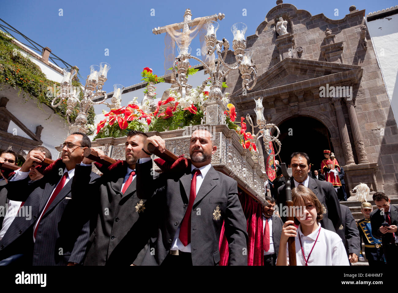 Procession with silver cross during the day of the cross  Dia de la Cruz  in Santa Cruz de La Palma, Canary Islands Stock Photo