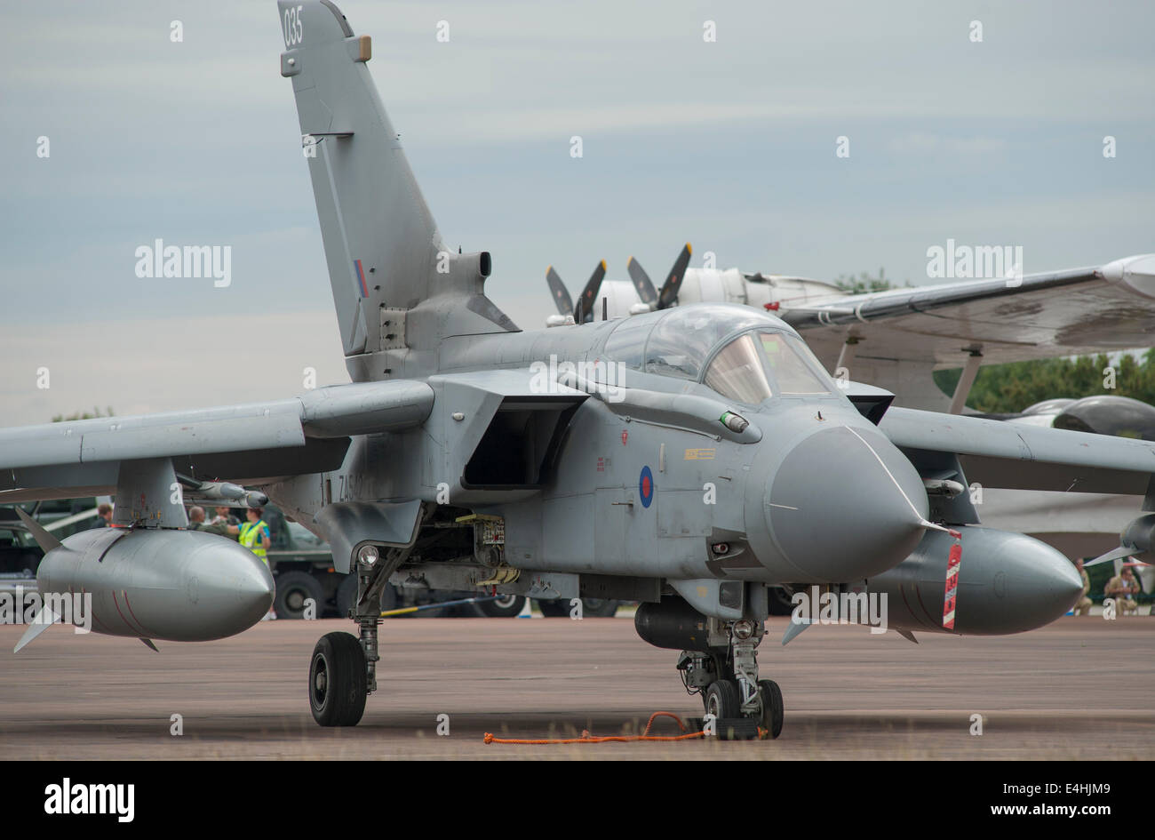RAF Fairford, Gloucestershire UK. 11th July 2014. Fast jets on display at the first day of RIAT. Royal Air Force Panavia Tornado GR4 035 in the static display. Credit:  Malcolm Park editorial/Alamy Live News Stock Photo