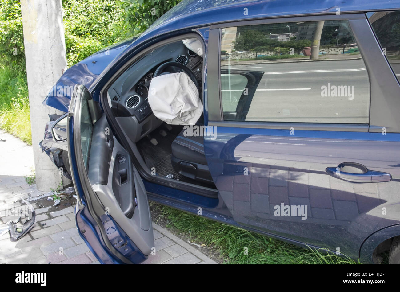 Wrecked car with opened airbags after accident Stock Photo Alamy