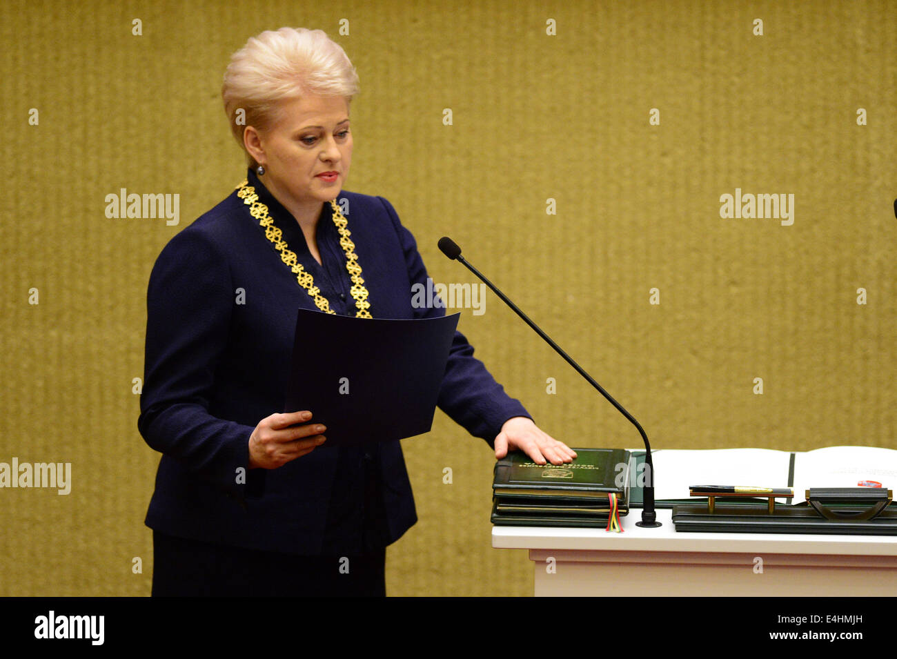 Vilnius, Lithuania. 12th July, 2014. Dalia Grybauskaite takes an oath on her inauguration of presidency in Vilnius, Lithuania, on July 12, 2014. Grybauskaite was reelected president of Lithuania in May with roughly 58 percent of supportive votes, making her the first president of the Baltic country to be consecutively elected. Credit:  Alfredas Pliadis/Xinhua/Alamy Live News Stock Photo