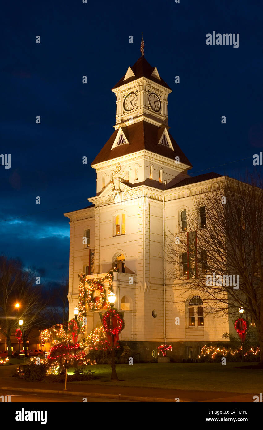 Benton County Courthouse with Christmas lights, Corvallis, Oregon Stock
