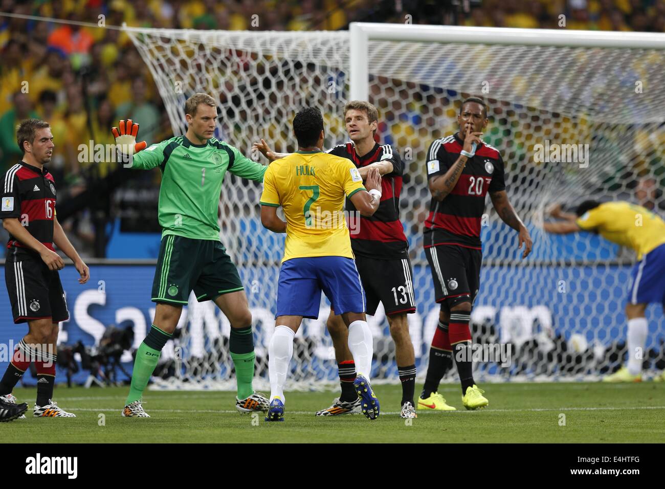 (L-R) Philipp Lahm, Manuel Neuer (GER), Hulk (BRA), Thomas Muller, Jerome Boateng (GER), JULY 8, 2014 - Football / Soccer : FIFA World Cup Brazil 2014 Semi Final match between Brazil and Germany at the Estadio Mineirao in Belo Horizonte, Brazil. (Photo by AFLO) [3604] Stock Photo