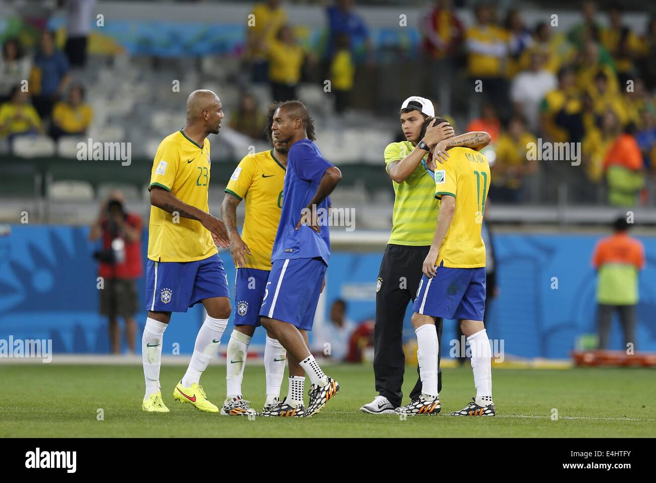 (L-R) Maicon, Fernandinho, Thiago Silva, Oscar (BRA), JULY 8, 2014 - Football / Soccer : Brazilian players look dejected after losing the FIFA World Cup 2014 semifinal match between Brazil and Germany at the Estadio Mineirao in Belo Horizonte, Brazil. (Photo by AFLO) [3604] Stock Photo