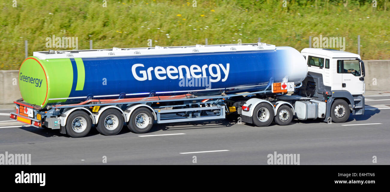 Articulated vehicle fuel delivery tanker in Greenergy livery with