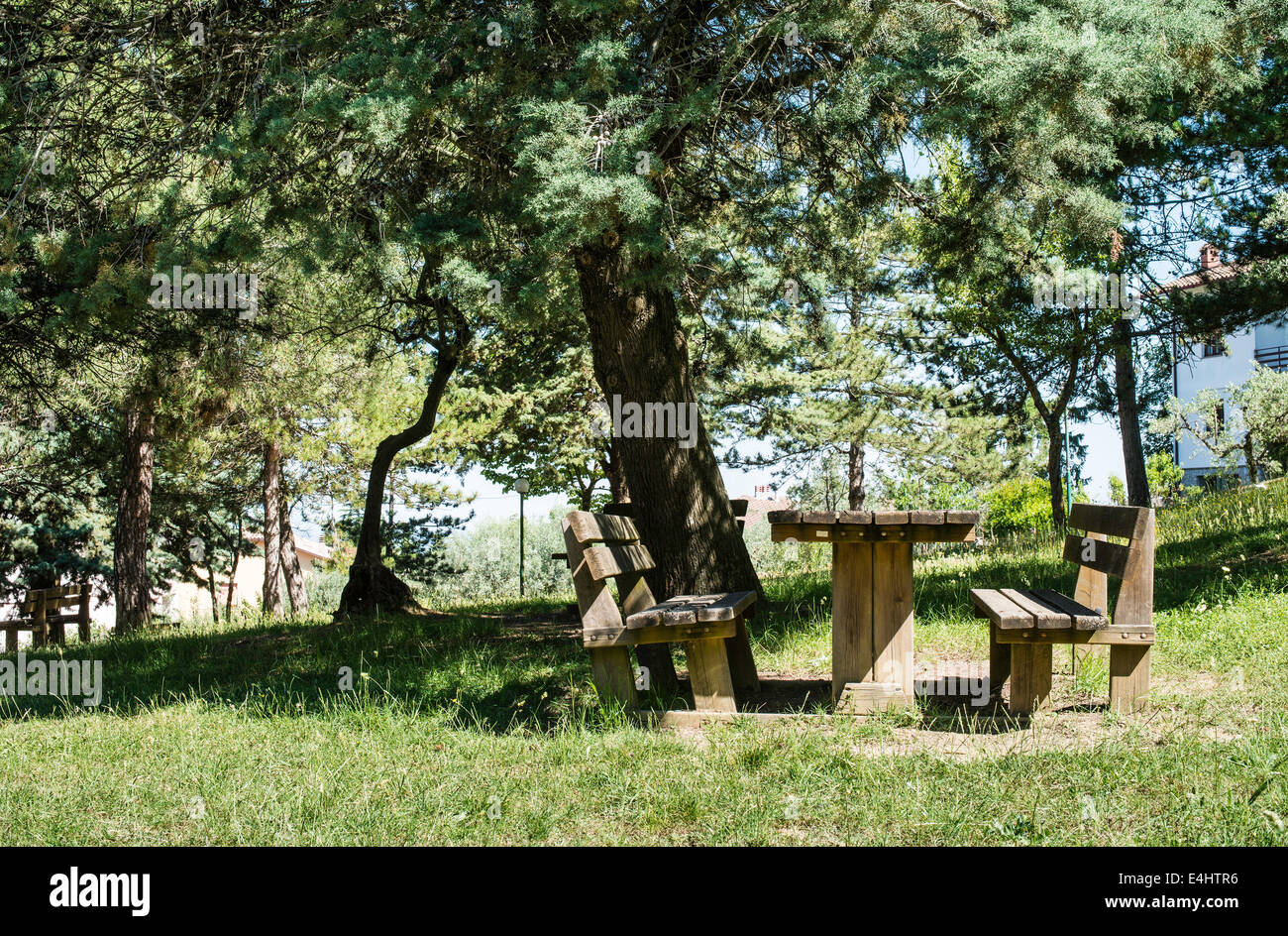 Wooden bench with picnic table hi-res stock photography and images - Alamy