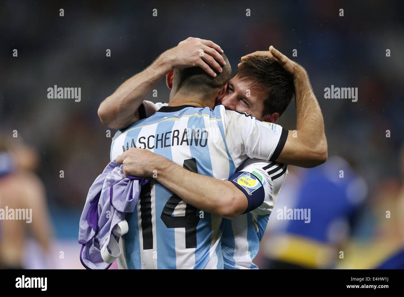 (L-R) Javier Mascherano, Lionel Messi (ARG), JULY 9, 2014 - Football / Soccer : Argentina team group celebrate after winning the penalty shoot out during the FIFA World Cup 2014 semi-final match between Netherlands 0(2-4)0 Argentina at Arena De Sao Paulo Stadium in Sao Paulo, Brazil. (Photo by AFLO) [3604] Stock Photo