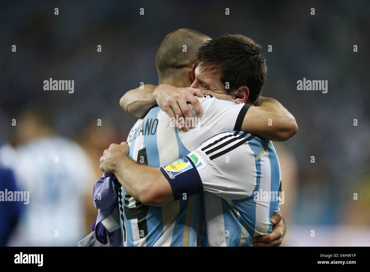 (L-R) Javier Mascherano, Lionel Messi (ARG), JULY 9, 2014 - Football / Soccer : Argentina team group celebrate after winning the penalty shoot out during the FIFA World Cup 2014 semi-final match between Netherlands 0(2-4)0 Argentina at Arena De Sao Paulo Stadium in Sao Paulo, Brazil. (Photo by AFLO) [3604] Stock Photo