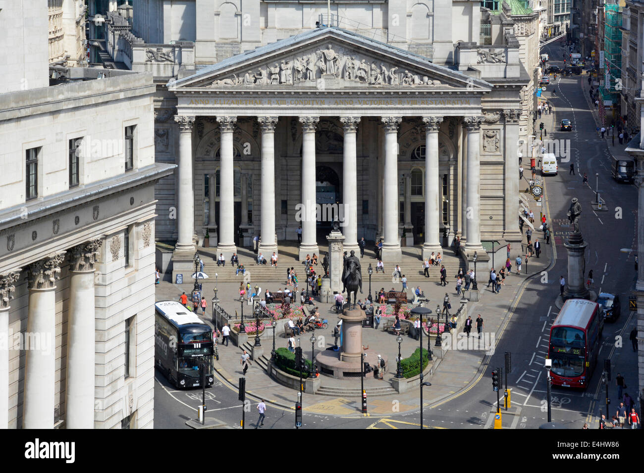 Aerial view historical Royal Exchange colonnade building between Cornhill and Threadneedle Street at the Bank road junction City of London England UK Stock Photo
