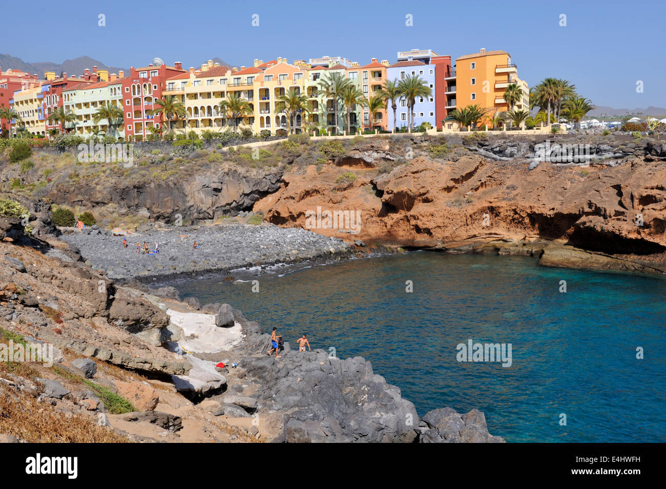 Beach, bay, apartment buildings seafront of Playa Paraiso, Tenerife Stock Photo