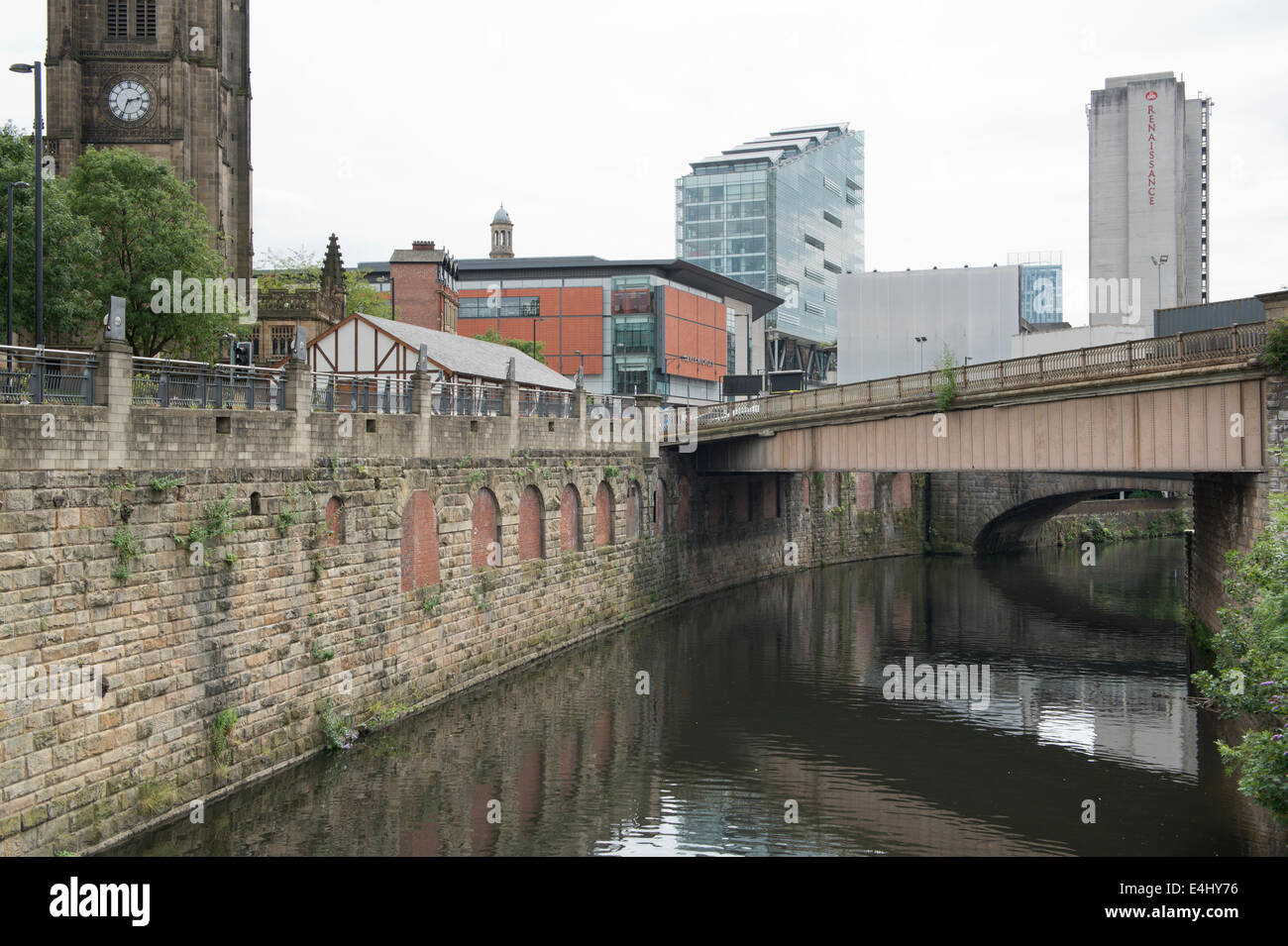 A view of Palatine Bridge / Cathedral Approach, and the Manchester Ship Canal / River Irwell between Salford and Manchester. Stock Photo
