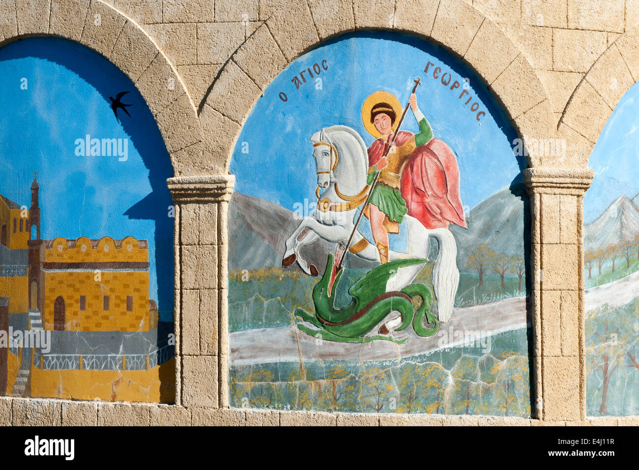Griechenland, Rhodos, Laerma (Laermas), Wandgemälde unterhalb der Kircke Stock Photo