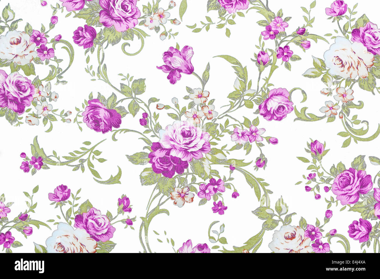 purple rose on white fabric background, Fragment of colorful retro tapestry textile pattern with floral ornament useful as backg Stock Photo