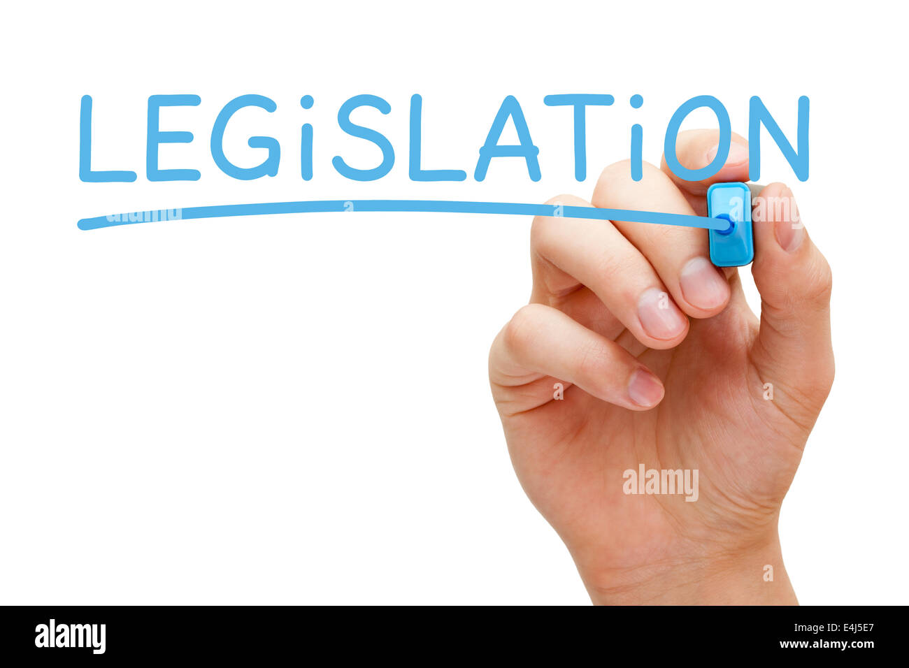 Hand writing Legislation with blue marker on transparent wipe board. Stock Photo
