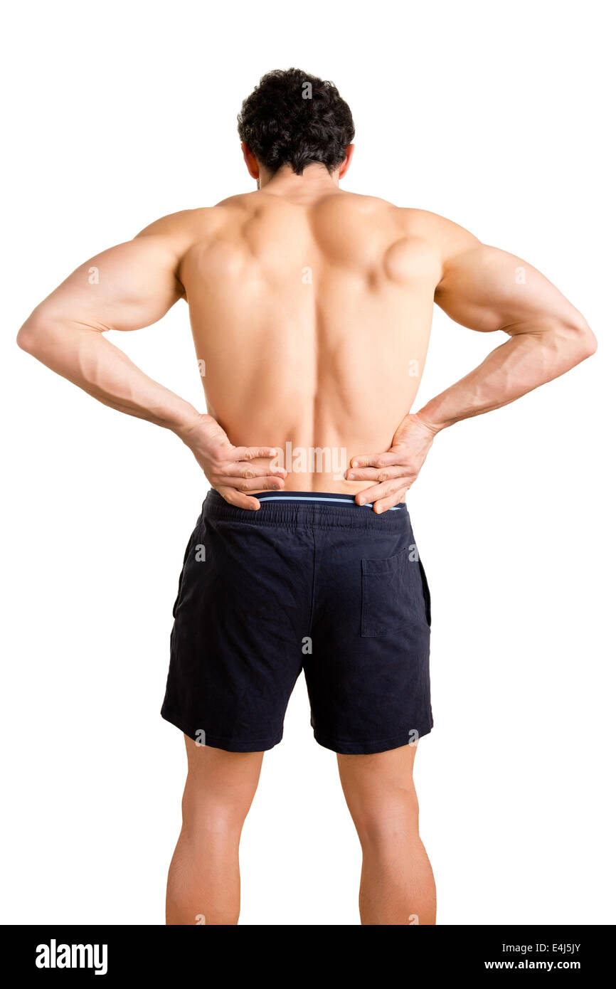Male athlete with pain in his lower back, isolated in white Stock Photo Alamy
