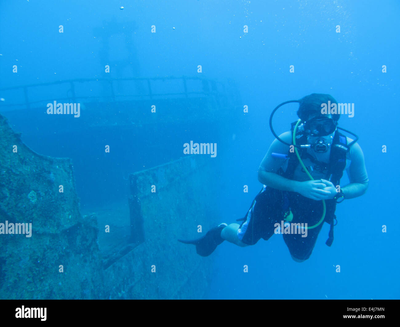 Scuba Diving a Wreck, St. Eustatius (Caribbean) Stock Photo