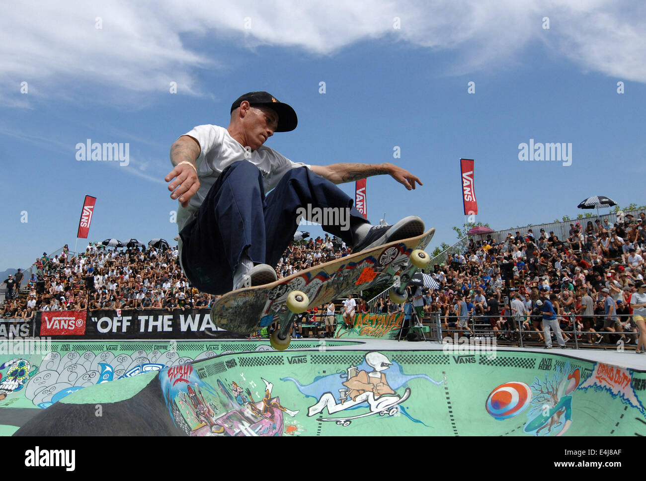 Vancouver, Canada. 12th July, 2014. Riley Stevens of the United States competes in the 2014 Van Doren Invitational skateboard competition in Vancouver, Canada, July 12, 2014. World's best skaters gathered here to compete for a trophy. It is the biggest event of it's kind in Vancouver. © Sergei Bachlakov/Xinhua/Alamy Live News Stock Photo