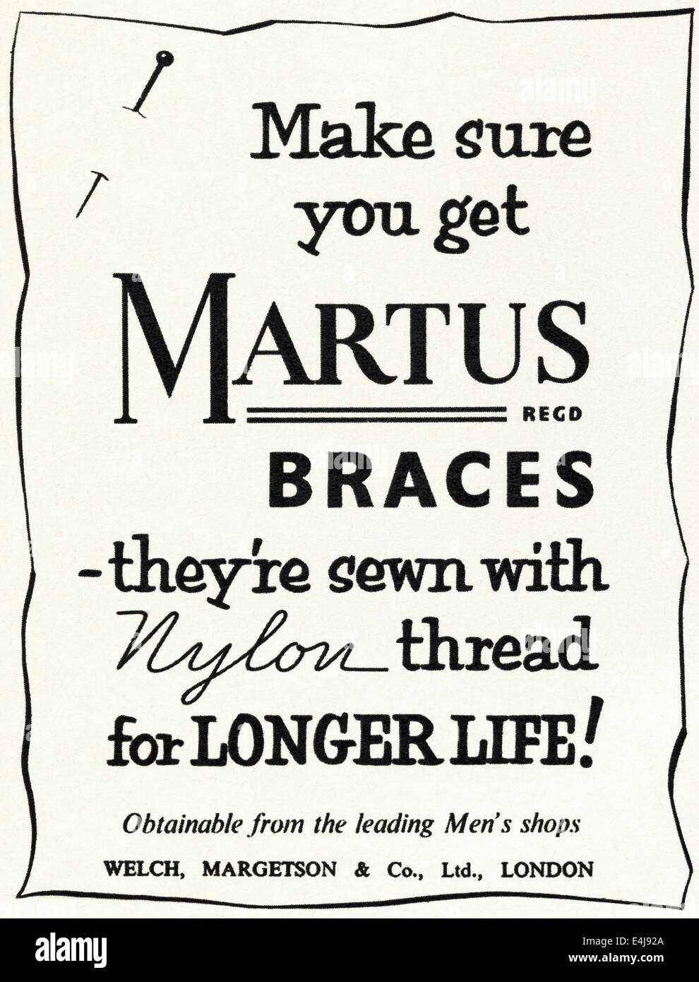 1950s advert for MARTUS braces in British magazine dated August 1956 Stock Photo