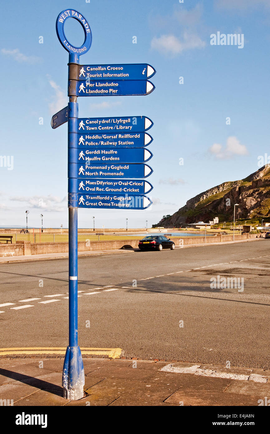 Bi-lingual tourist information sign on the West Shore Parade, Llandudno,  North Wales Stock Photo - Alamy