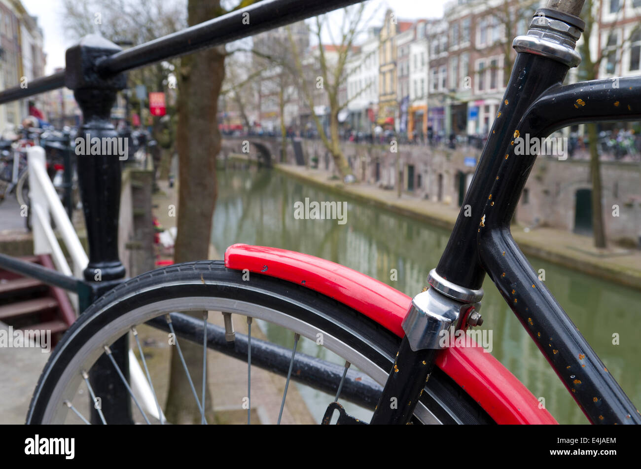 bicycle in Utrecht, Netherlands with red mudguard Stock Photo