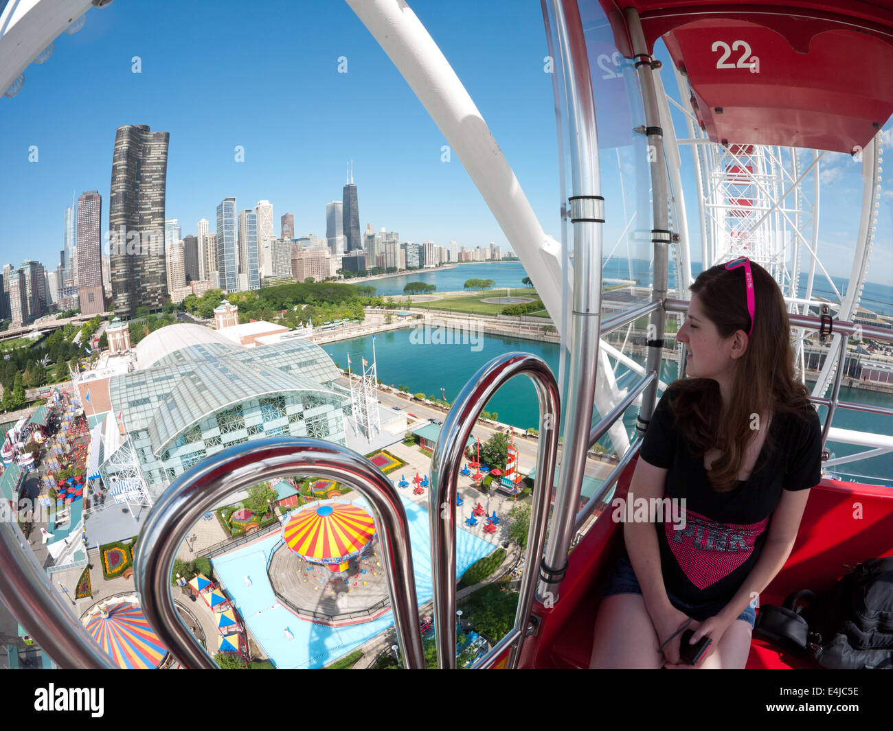 A spectacular, wide angle, fisheye view of the Chicago skyline and Lake Michigan from the top of the Navy Pier Ferris Wheel. Stock Photo